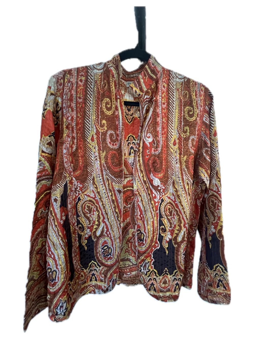 Chico's Silk Quilted Burnt Orange Multi Paisley Open Front  Top